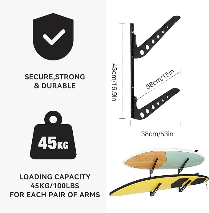 2 Board Surf Rack Wall Mount for Surfboard, Wakeboard, Snowboard Storage Adjustable Wall Hangers Boards Display Black