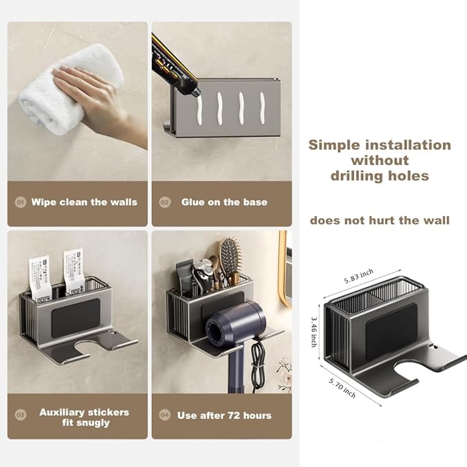 Hair Dryer Holder Wall Mounted,with Individually Removable Organizer Box, Aluminum Blow Dryer Holder for Bathroom, Salon Organizers & Storage(Gunmetal Grey),Weight Capacity 10 kg (22 lbs)