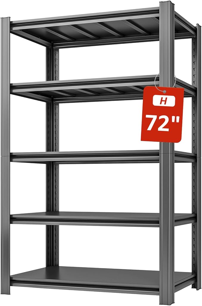36" W Father&I 5-Shelf-Rack Industrial Heavy-Dudy Adjustable Metal Garage Bin Storage Shelving Stant Shelves Units/Systems Organizer for Basement/Closet/Tote/Pantry, 72" H*36W *18" D, Black
