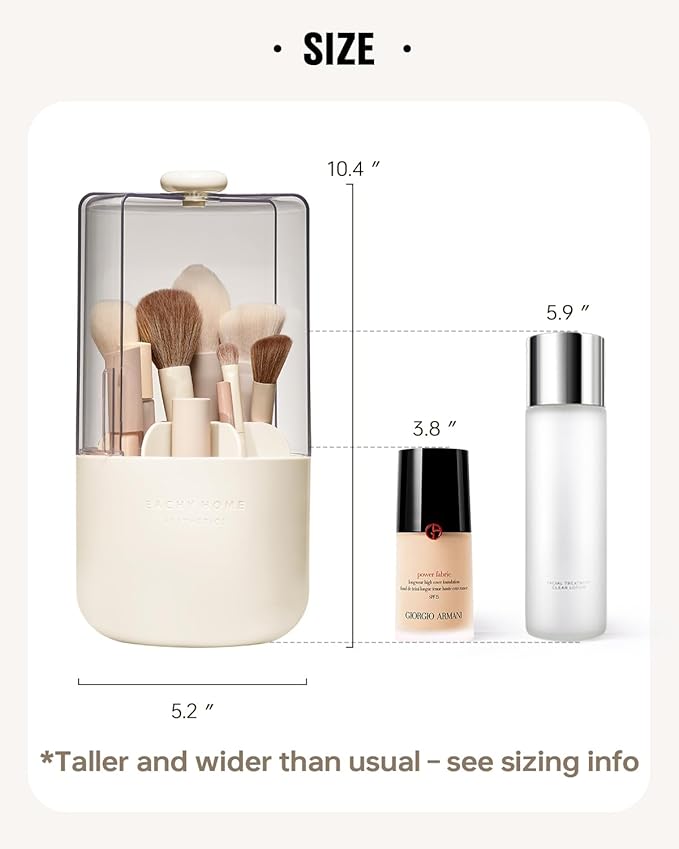 EACHY Makeup Brush Holder 360° Rotating with Dustproof Lid, Waterproof Material, 7 Compartments for Organized Storage, Stylish and Durable Design for Vanity (Beige)