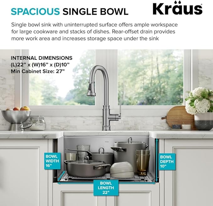 KRAUS Kore 24-Inch Farmhouse Workstation 16 Gauge Single Bowl Stainless Steel Kitchen Sink with Accessories, KWF210-24