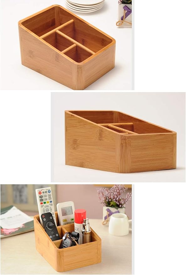 VolksRose Desk Remote Control Holder Multi-Function Coffee Table Office Supplies Storage Organizer, Home Sundries Bamboo Storage Box with 4 Compartments - Perfect for Makeup, TV Guide, iPad, Caddy #3