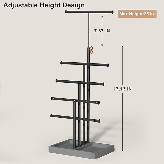 Love-KANKEI Jewelry Organizer Stand, 5 Tier Large Necklace Holder with Wood Base, Jewelry holder stand Tree for Display, Bracelets Earrings Rings, Height Adjustable Gift Weathered Grey