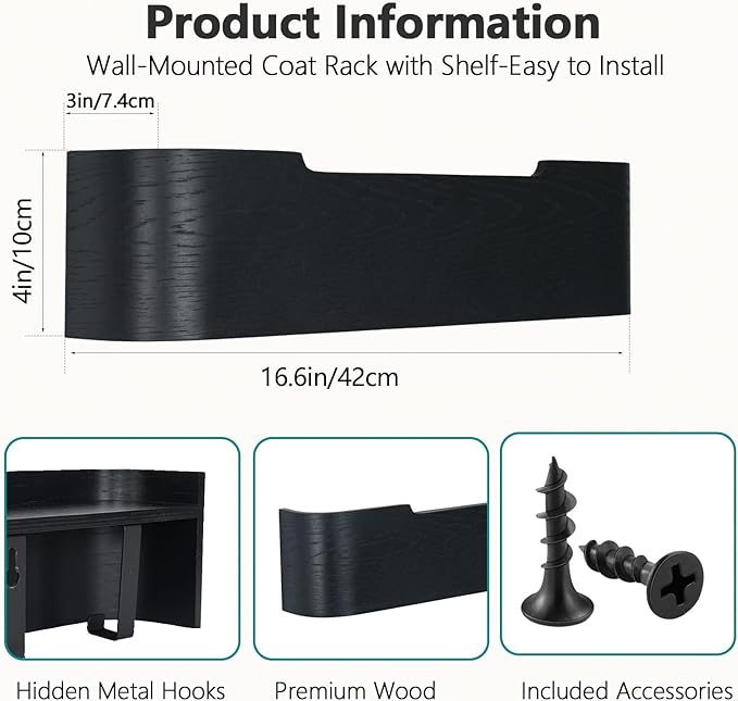 Coat Rack Wall Mount with Hidden Hooks Modern Key Holder Wood Entryway Hook with Shelf for Bedroom Kitchen Hallway Bathroom Designed for Hanging Coats Hats Bags Towels Dog Leashe(Black,4 Hooks)