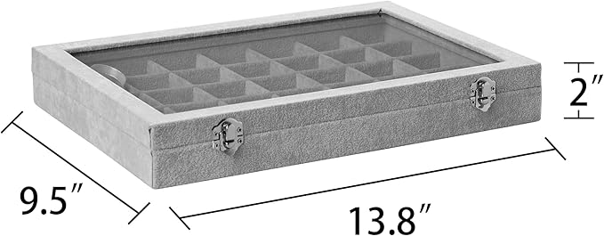 Frebeauty Velvet Jewelry Tray,35 Grid Jewelry Organizer with Clear Lid,Earring Holder Organizer Case with Clasp,Drawer Insert for Rings Studs,13.8 x 9.5 x 2 Inches,Gift for Women Girls(Grey)