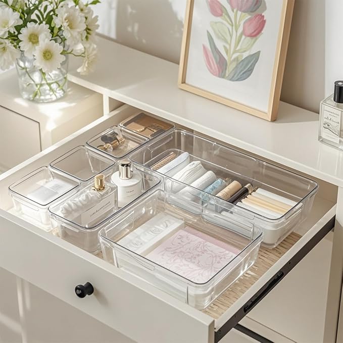 25 PCS Adjustable Desk Drawer Organizer, Acrylic Clear Drawer Organizers, 3 Size Desk Drawer Organizer for Cosmetics, Jewellery, Office, Gadgets, Kitchenware