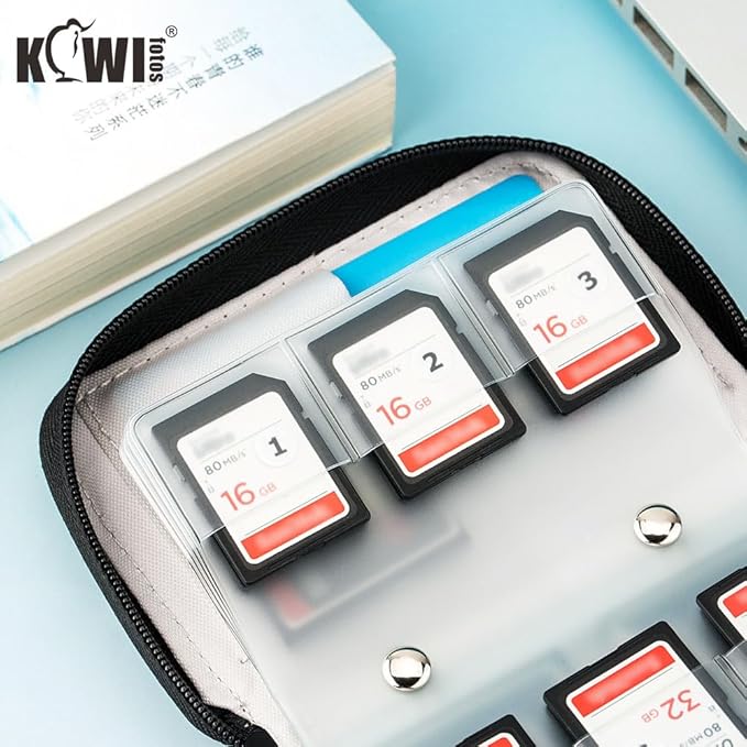 AWS Memory Card Case Holder: 28 Slots for 24 SD SDXC SDHC + 4 CF XQD - Portable Organizer with Labels - Grey