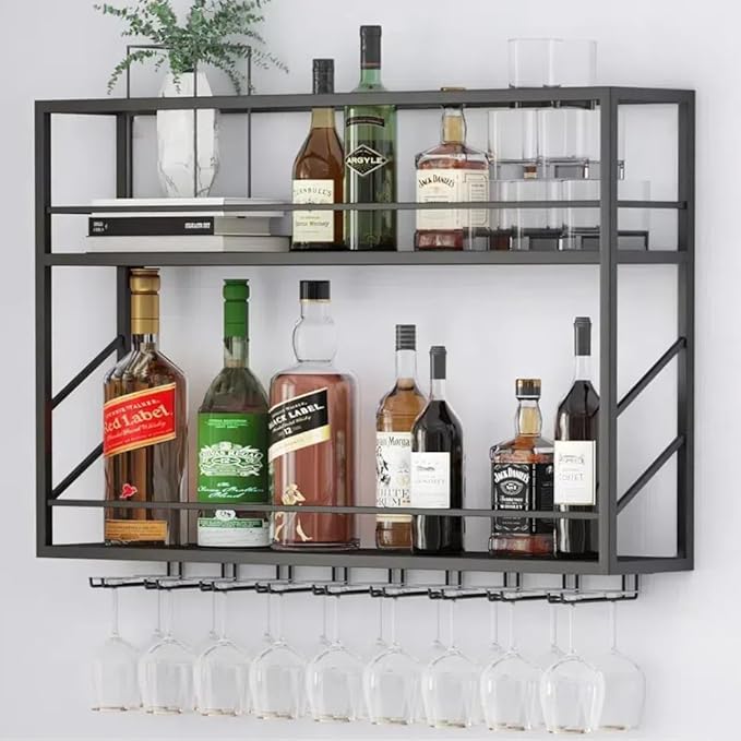Wall Mounted Wine Rack with Glass Holder，Stylish Mini Floating Bar Shelves for Liquor Bottle Display in Dining Room, Kitchen, Living Room (47.2”W x 26”H x 7.8”D)