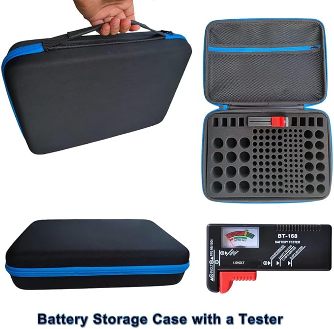 Battery Organizer Storage Case with Tester:Battery Holder Box Garage Organizer Battery Vault Daddy Box with Zipper Mesh Pocket Fit for 18650 Batteries AA AAA C D 9V etc