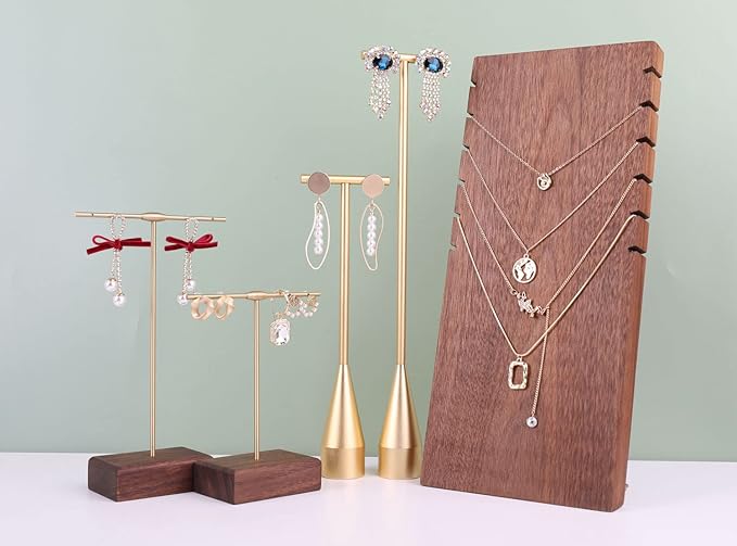 GemeShou 2pcs Gold earring display T bar stand, Big jewelry earring holders for Boutique Store, Jewelry holders high enough for long earring necklace【Gold-2pcs Height 7.9" and 11"】