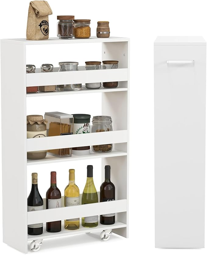 LOKO 4-Tier Rolling Storage Cart, 8 Inches Slim Kitchen Cart on Wheels with Open Shelves & Handle, Laundry Room Cart Between Washer and Dryer, for Narrow Space Bathroom Next to Fridge (White)