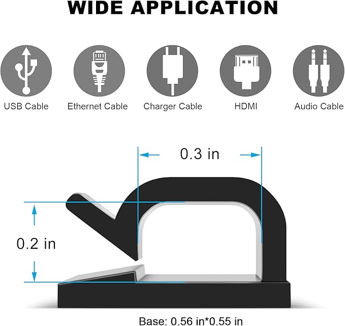 60 PCS Adhesive Cable Clips, Upgraded Wall Wire Clips for Cable Management, Strong Cord Clips Wire Holders for The Wall, Under Desk, Christmas Lights, Car, Dash Cam, Ethernet, Electric Wires Small