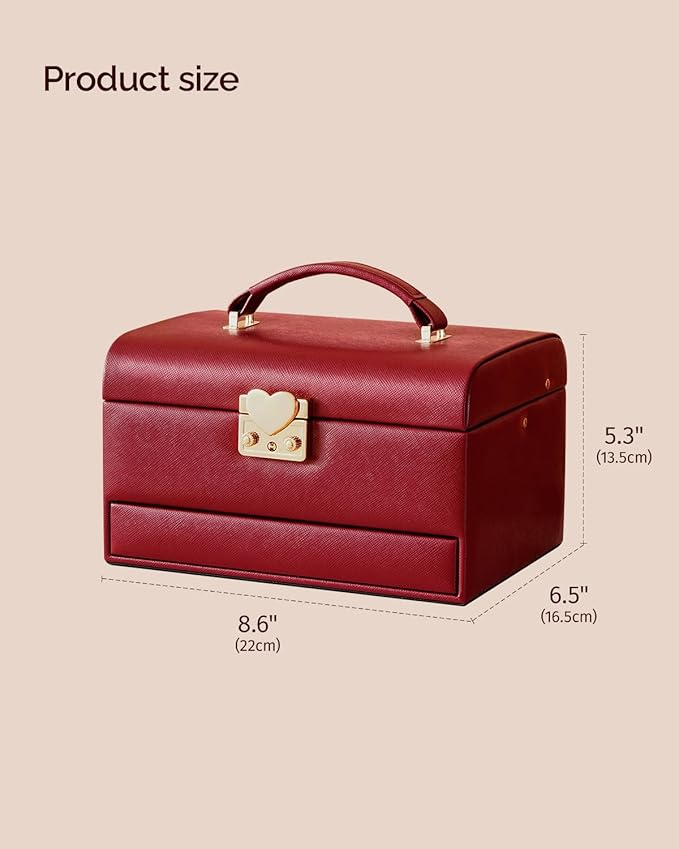 CASEGRACE Jewelry Box,3 Layers Leather Jewelry Storage Box with Lock, Mirror,Jewelry Storage Case for Necklaces Earrings Bracelets and Rings