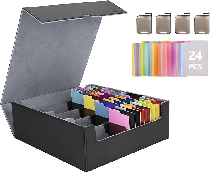 Venssu Card Storage Box For Trading Cards With Dedicated Card Supporters,3000+ Mtg Deck Box With 24 Colorful Divider Tabs,Trading Card Storage Fits For Magic Game Cards (Black and Grey)