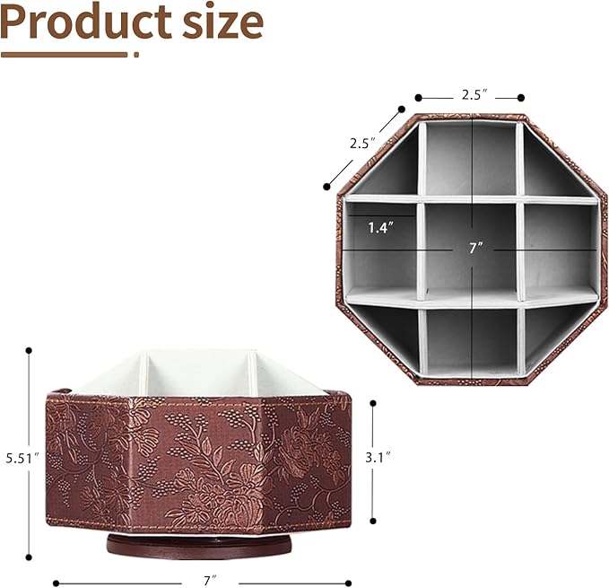 Remote Control Holder, Swivel 9 Rooms Desk Organizer and Decorations for Living Room, Leather Bedside Storage Caddy for TV Controllers/ Makeup Brush Pen/ Office Stationery/ Art Supplies/ Eyeglasses