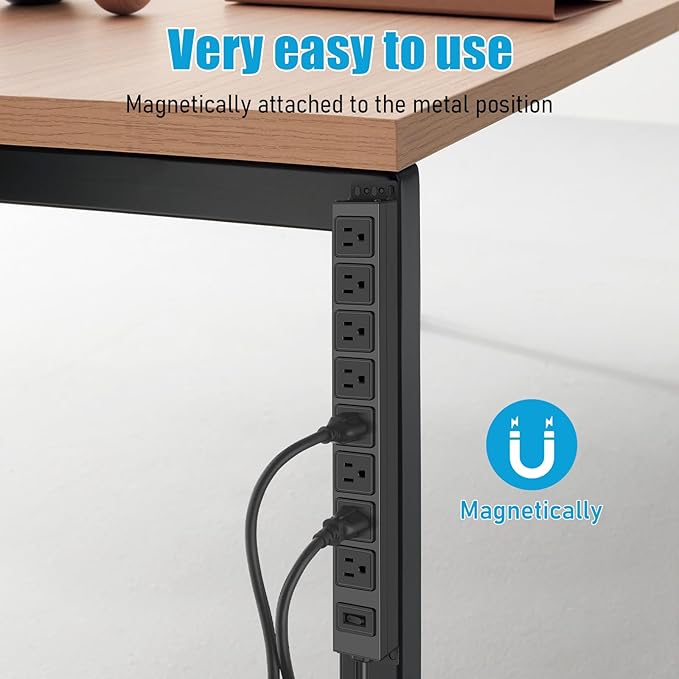 HHSOET Magnetic Mount Power Strip, 8 Outlet Mountable Socket, Metal Heavy Duty Surge Protector, Gaming Table Outlet, Easy to Fix Without Drilling or Taping, 10FT Extension Cord.(Black)