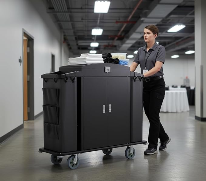 Heavy Duty Metal Housekeeping Janitorial Cart with Wheels,Silent Casters,Locking Large Capacity Cabinets,Cleaning cart for Housekeeping/Commercial Facility/Hotel/Stadium/School