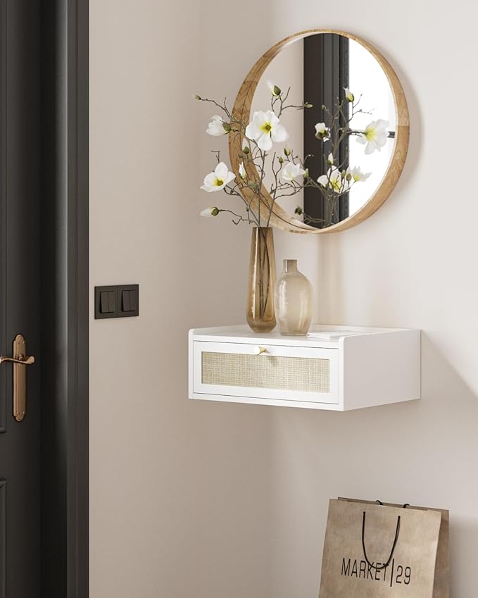 Floating Nightstand,Wall Mounted Night Stand with Drawer,Small Floating Shelves,Floating Wood Bedside Table for Bedroom、Living Room、Bathroom(No Assembly)