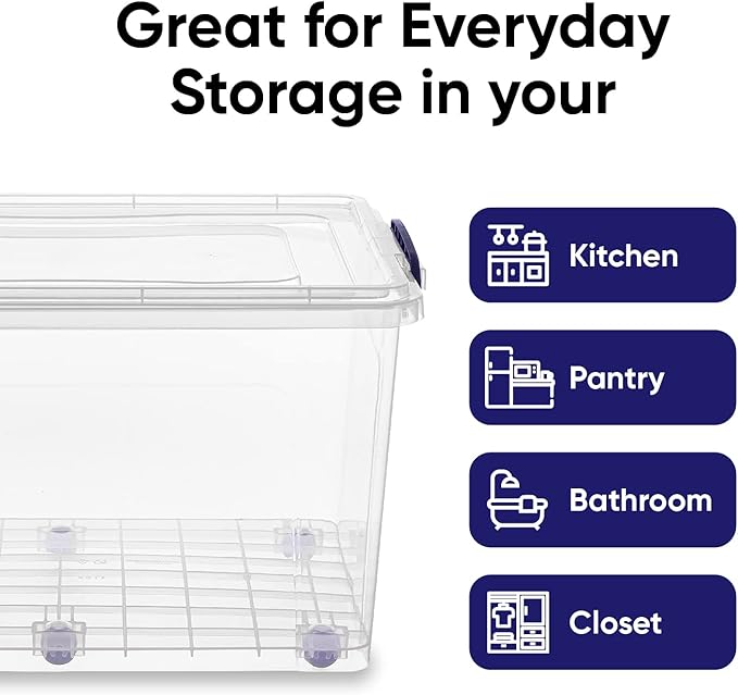 Superio Storage Bins with Lids- Clear Boxes for Organizing, Stackable Plastic Containers- BPA Free, Non-Toxic, Odor Free, Organizer for Home, Office, Dorm (8 Pack, 44 Qt (Wheeled))