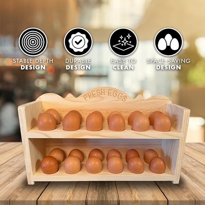 Natural Wood Premium Pine Wooden Egg Holder 2-Tier Durable 24-Egg Storage Solution Ideal for Modern and Rustic Kitchen Fresh Eggs