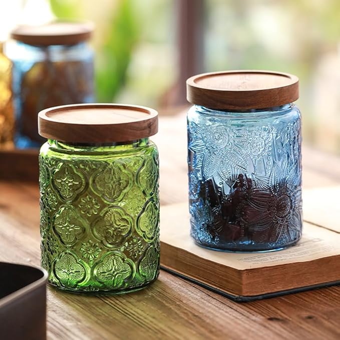 ANSQU Vintage 23.7oz Glass Mason Jar with Solid Wood Lid - Decorative Storage Canister for Tea, Coffee, Cookies, Candy, Bath Salts, Laundry Detergent - Kitchen & Bathroom Organizer (Blue, 1 Pack)