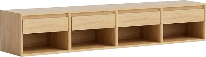 Mid Century Modern Floating Nightstand Set of 4, Wall Mounted End Table with Drawer and Open Compartment Wooden Bedside Night Stand Small Storage Cabinet for Bedroom, Natural Oak