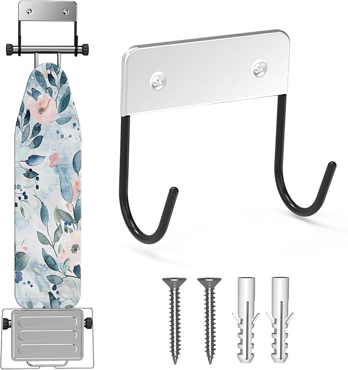 Ironing Board Hanger Wall Mount, Ironing Board Holder for Y or T Shaped,Stainless Steel Wall Hook Iron Board Holder for Laundry Rooms with 2 Hooks (Black)
