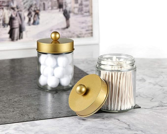 Amolliar 6Pc Apothecary Jars Bathroom Vanity Organizer- Rustic Farmhouse Decor Storage Canister with Stainless Steel Lids- Qtip Dispenser Holder for Q-Tips,Cotton Swabs,Rounds,Ball,Flossers (Gold)