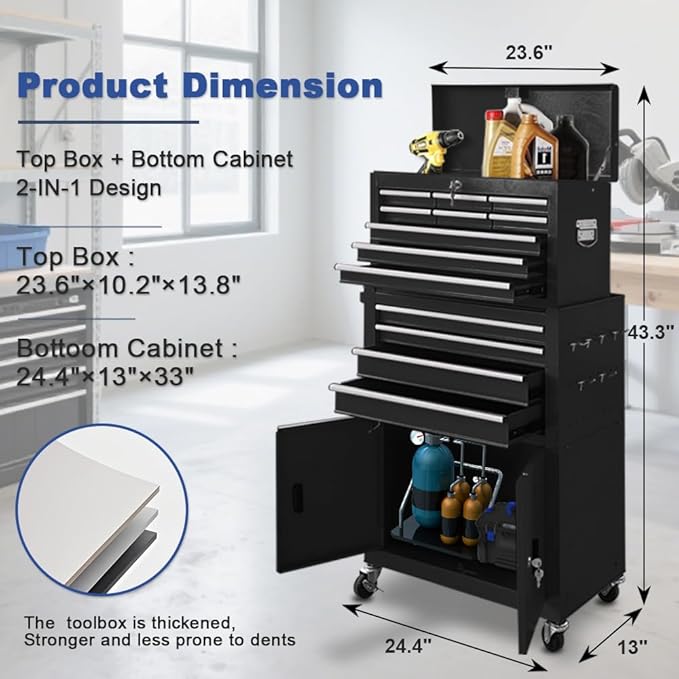 Tool Chest 13-Drawer with Double Door Handle,2 in 1 Detachable Rolling Tool Chests with Wheels and Drawers,Large Tool Box with Lock for Warehouse,Garage (Black)