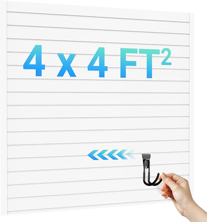 Ezlaino Slatwall Panel 4FT x 4FT, PVC Slat Wall Storage System, Waterproof, Durable& Easy to Install, Compatible with Most Hooks, Ideal for Garage Storage & Home Decoration, White