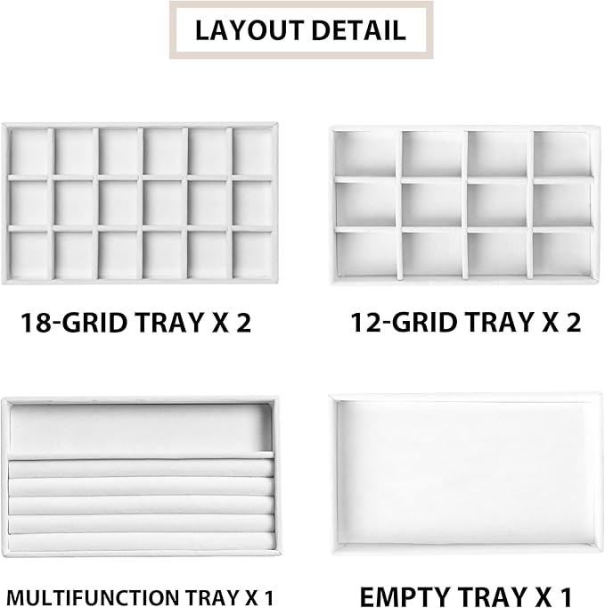 Frebeauty Jewelry Organizer Tray,Stackable Velvet Jewelry Trays,Drawer Inserts Earring Organizer For Women Jewelry Storage Display Case for Rings Stud Necklaces,Set of 6(White)