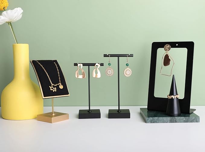 GemeShou 2pcs metal earring holder, Black T bar earring display stand, mini hangers for earrings Jewelry Photography, earring storage organizer【Black-Square Base 2pcs Height 4.3 and 5.1 inch】