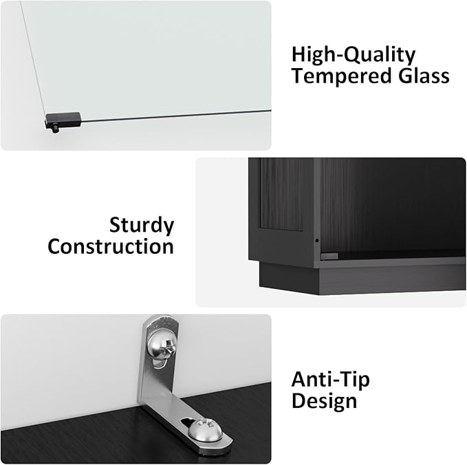 Display Cabinet with Glass Doors 4 Tier Glass Display Case with RGB LED Lights Display Cases for Collectibles Adjustable Shelves Display Case, for Game Room, Living Room, Bedroom, Black