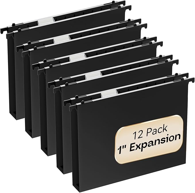 Plastic Hanging File Folders Letter Size,12 Pack Reinforced 1" Expanding Heavy Duty Hanging Organizer Files,Black Hang Folders with Tabs,Durable Filing Cabinet Folders for Office School Home