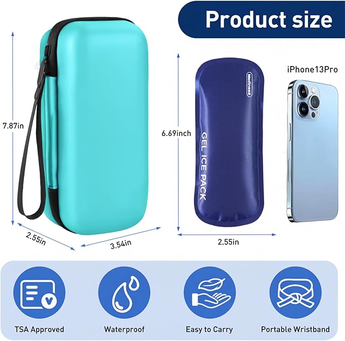 Insulin Cooler Travel Case, Portable Temperature Display Medicine Travel Cooler, Diabetes Case with 2 Reusable Ice Packs TSA Approved for Diabetic Supplies Patent Pending(Seafoam-No Temp)