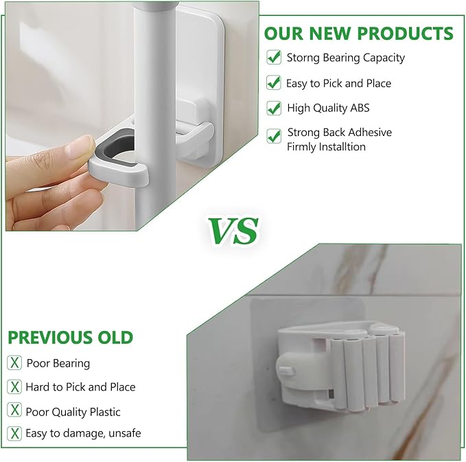 4pack Broom Holder Wall Mount Mop Holder Broom and Mop Gripper Self Adhesive No Drilling Anti-Slip Mop Handle Hanger Household Cleaning Organizer, Holds up to 6 lb