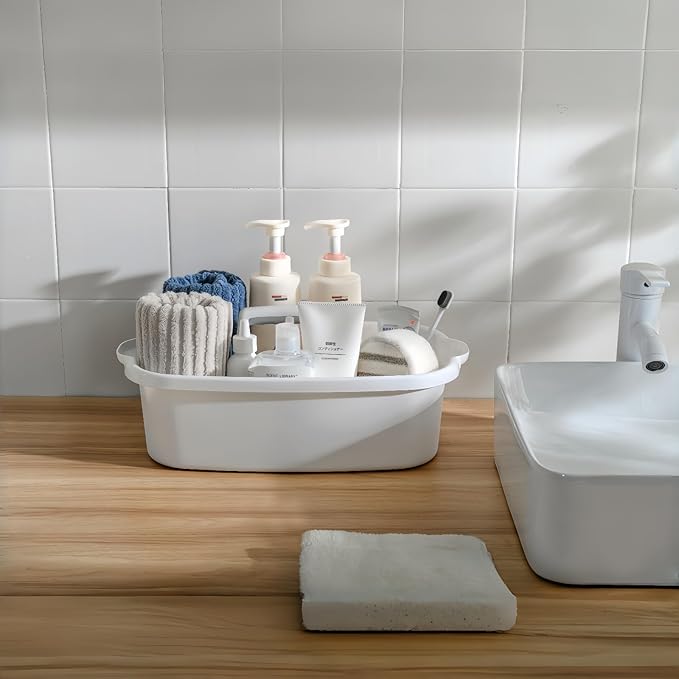 2 Pack Large Cleaning Caddy Portable Shower Basket Supply Organizer with Handle,Plastic Bucket Tool Storage,for Bathroom,Bedroom,Kitchen,Under Sink Storage (White)