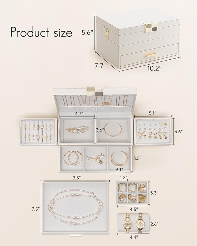 Vlando 3 Layer Jewelry Box - Women Jewelry Box with Retractable Tray - Jewelry Organizers with Drawer for Necklaces, Rings, Bracelets, Earrings, Gift for Couples Mom Girls - Could White