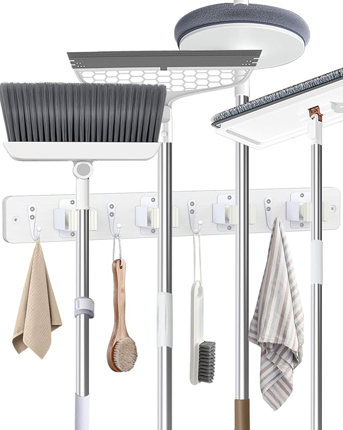 AceMining Broom Holder Wall Mounted, White 4 Holders and 4 Hooks Mop Holder, Wooden Mop and Broom Holder with Anti slip rubber, Natural pine wood Brush Holder, Mop Wall Holde with Nail installation