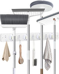 AceMining Broom Holder Wall Mounted, White 4 Holders and 4 Hooks Mop Holder, Wooden Mop and Broom Holder with Anti slip rubber, Natural pine wood Brush Holder, Mop Wall Holde with Nail installation