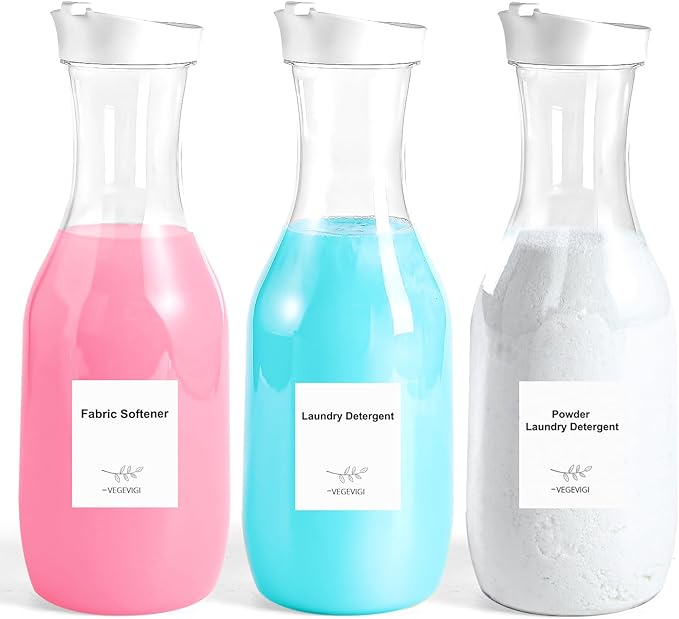 Laundry Detergent Dispenser by VEGEVIGI, 54OZ Laundry Soap Disepenser, Liquid Laundry Detergent Container Organizer, Plastic Fabric Softener and Powder Detergent Dispenser, 3PACK