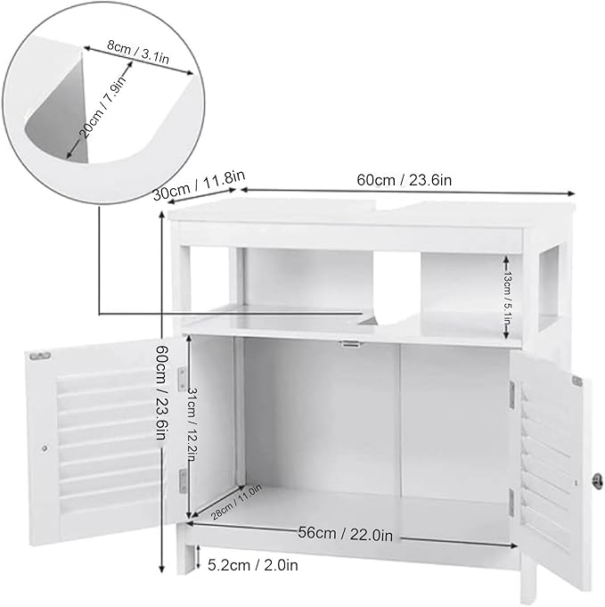 U-Shaped Under Sink Storage Cabinet with 2 Doors & Open Shelf, Freestanding Bathroom Vanity Organizer for Pedestal Sink, Water-Resistant MDF Cabinet for Toiletries & Cleaning Supplies, White