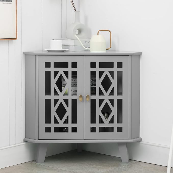 Scurrty 32'' Corner Shelf Stand, Small Corner Table Sideboard Cabinet with 2 Doors and 2-Tier Shelves, Free-Standing Corner Storage Organizer for Living Room, Dining Room & Bathroom (Grey)