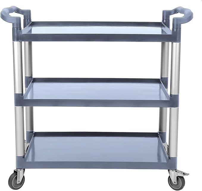 3-Tier Heavy Duty Utility Cart with Wheels, 43" Lx 21" W x 38" H, Durable Rolling Cart for Restaurant, Office, Kitchen, and Warehouse Use, Lockable 360° Swivel Casters Service Cart, Grey