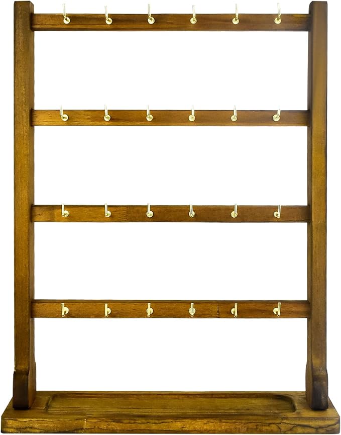 4 Layers of Wooden Display Eacks With Hooks for Necklaces. Rings, Earrings, Bracelets, And Other Jewelry Storage Display Rack (Walnut Wood Color)