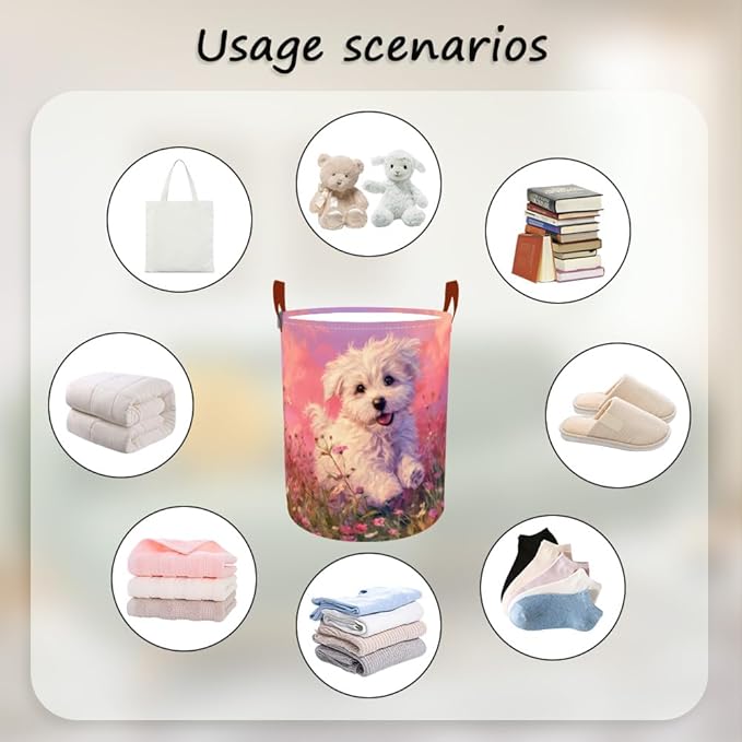 Laundry Baskets 15.7x19.7 Inch Large Puppy Wildflower Field Design Collapsible Laundry Hamper with Handles Oxford Fabric Clothes Storage Bin Foldable Dirty Clothes Organizer for Bedroom Bathroom Dorm
