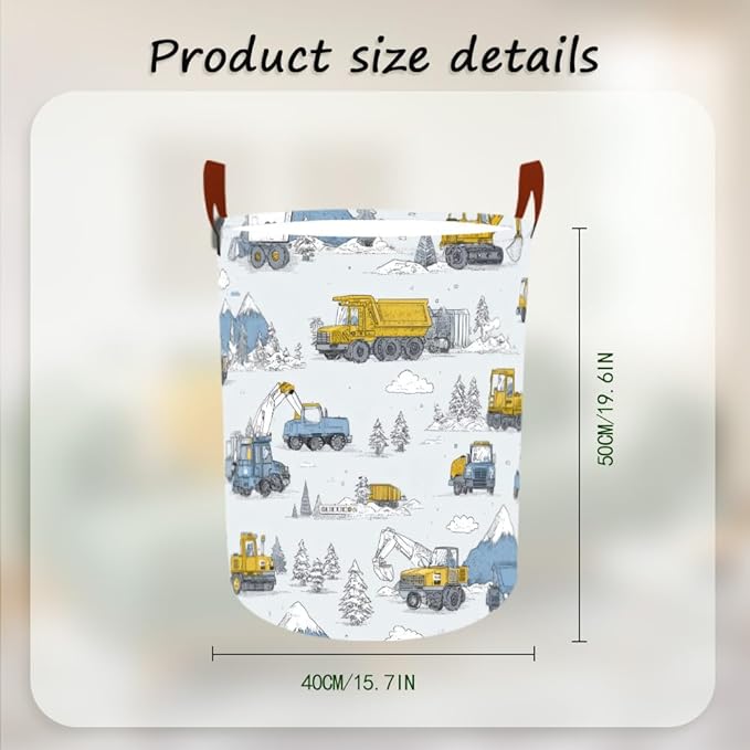 Laundry Baskets 15.7x19.7 Inch Construction Truck Mountain Scene Design Collapsible Laundry Hamper with Handles Oxford Fabric Clothes Storage Bin Foldable Dirty Clothes for Bedroom Bathroom Dorm