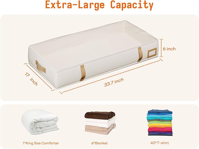 Vailando Storage Containers, 6 Inches Tall 60L Underbed Storage Bins with Leather Handles and Sidewalls, Closet Organizer for Clothes, Blankets, Seasonal Items, Beige with Brown, 2-Pack