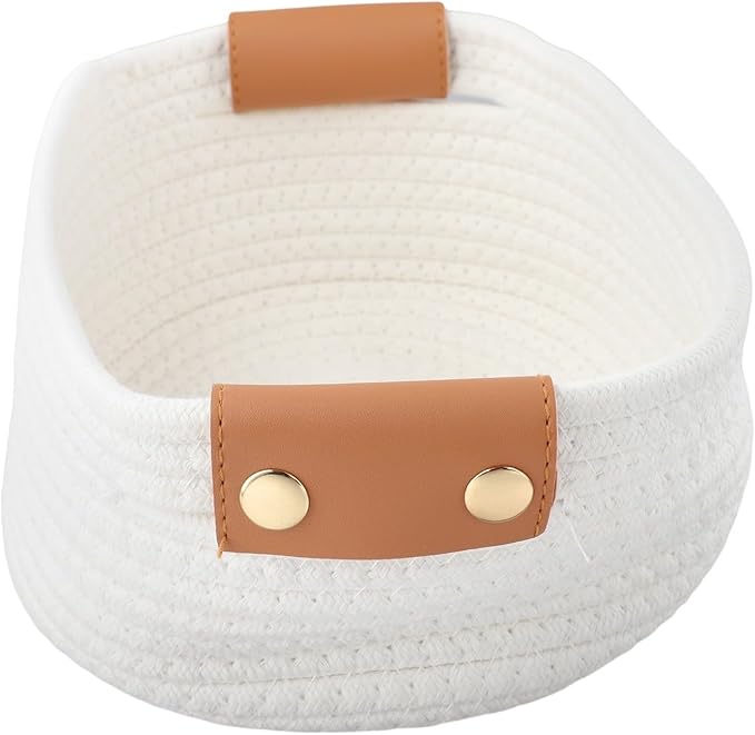 Portable Woven Cotton Rope Storage Bin with Leather Handles Desktop Storage Box Bedroom Storage Container for Toy and Small Items Storage Solution(White S)