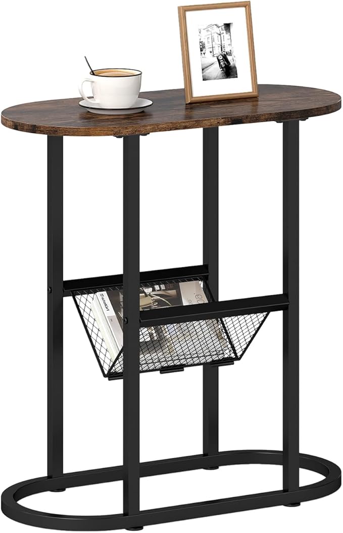Tangkula Oval Narrow Side Table, 2-Tier End Table w/Mesh Magazine Rack, Steel Frame, Industrial Nightstand, Compact Sofa Bedside Table for Living Room Bedroom, Rustic Brown & Black